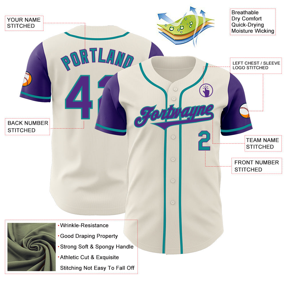 Custom Cream Purple-Teal Authentic Two Tone Baseball Jersey view 3