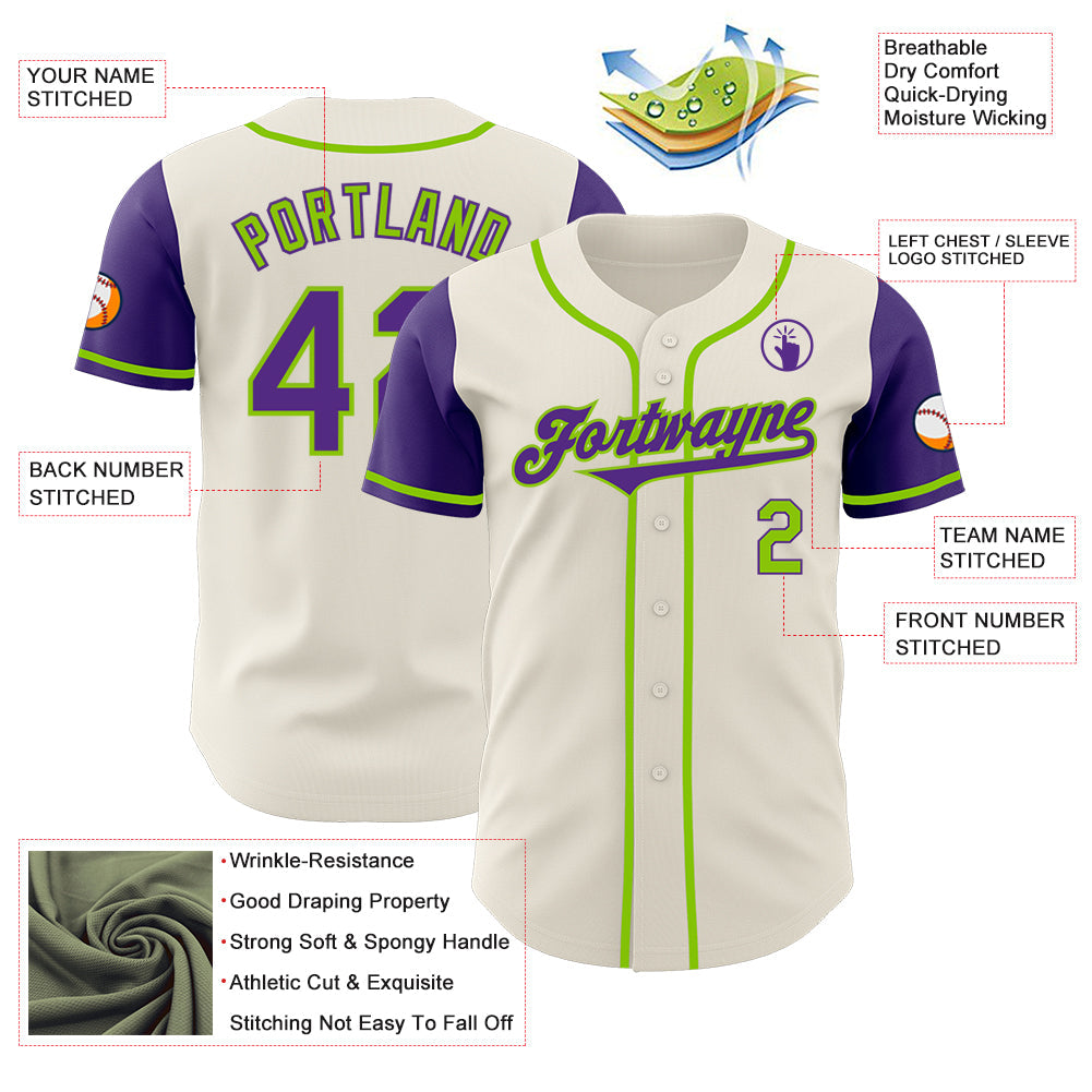 Custom Cream Purple-Neon Green Authentic Two Tone Baseball Jersey view 3