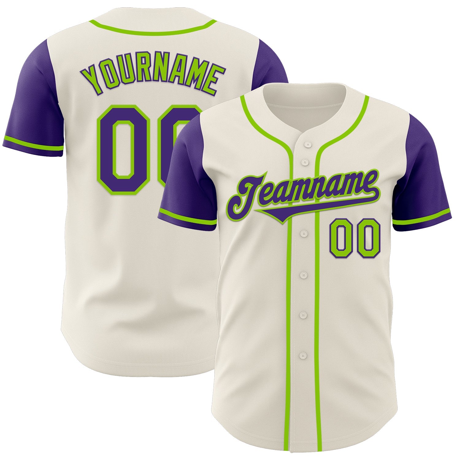 Custom Cream Purple-Neon Green Authentic Two Tone Baseball Jersey - Main View