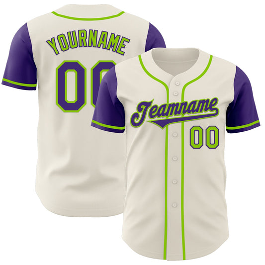 Custom Cream Purple-Neon Green Authentic Two Tone Baseball Jersey - Main View