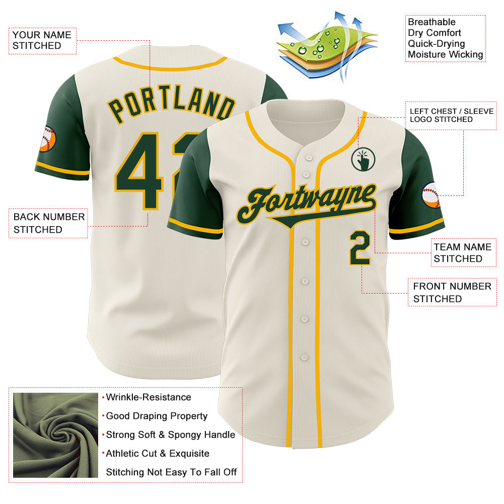 Custom Cream Green-Gold Authentic Two Tone Baseball Jersey view 3