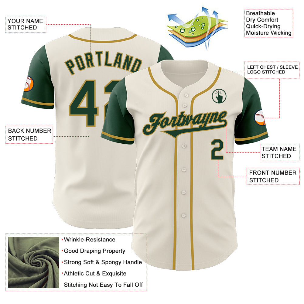 Custom Cream Green-Old Gold Authentic Two Tone Baseball Jersey view 3
