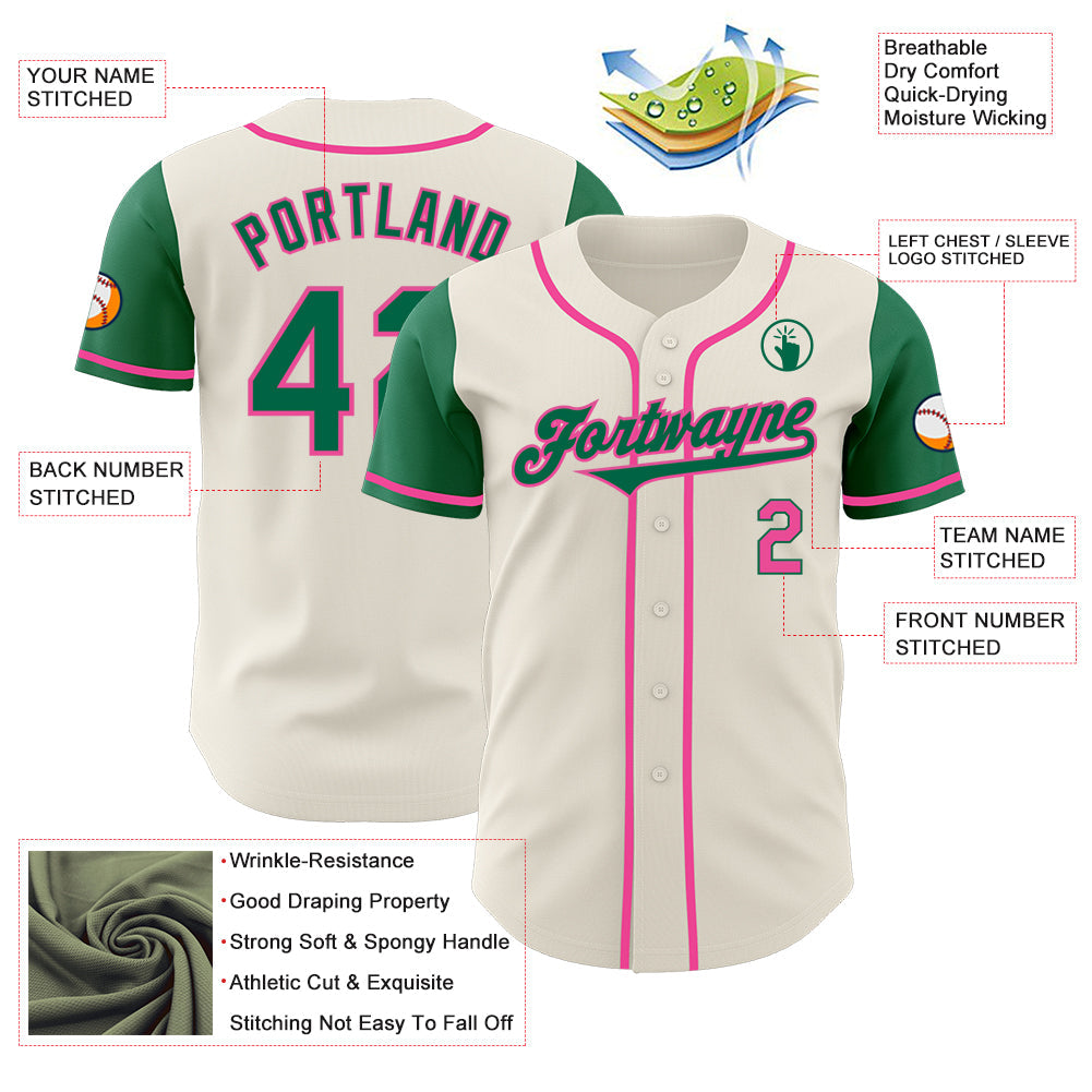 Custom Cream Kelly Green-Pink Authentic Two Tone Baseball Jersey view 3