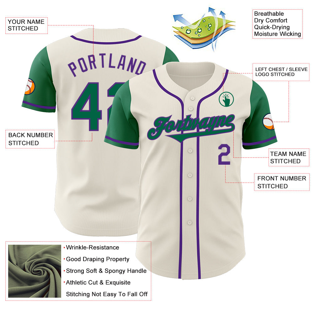 Custom Cream Kelly Green-Purple Authentic Two Tone Baseball Jersey view 3