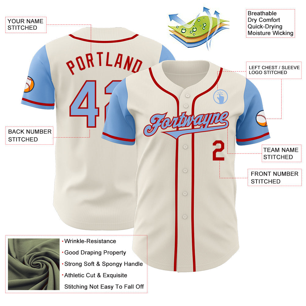 Custom Cream Light Blue-Red Authentic Two Tone Baseball Jersey view 3