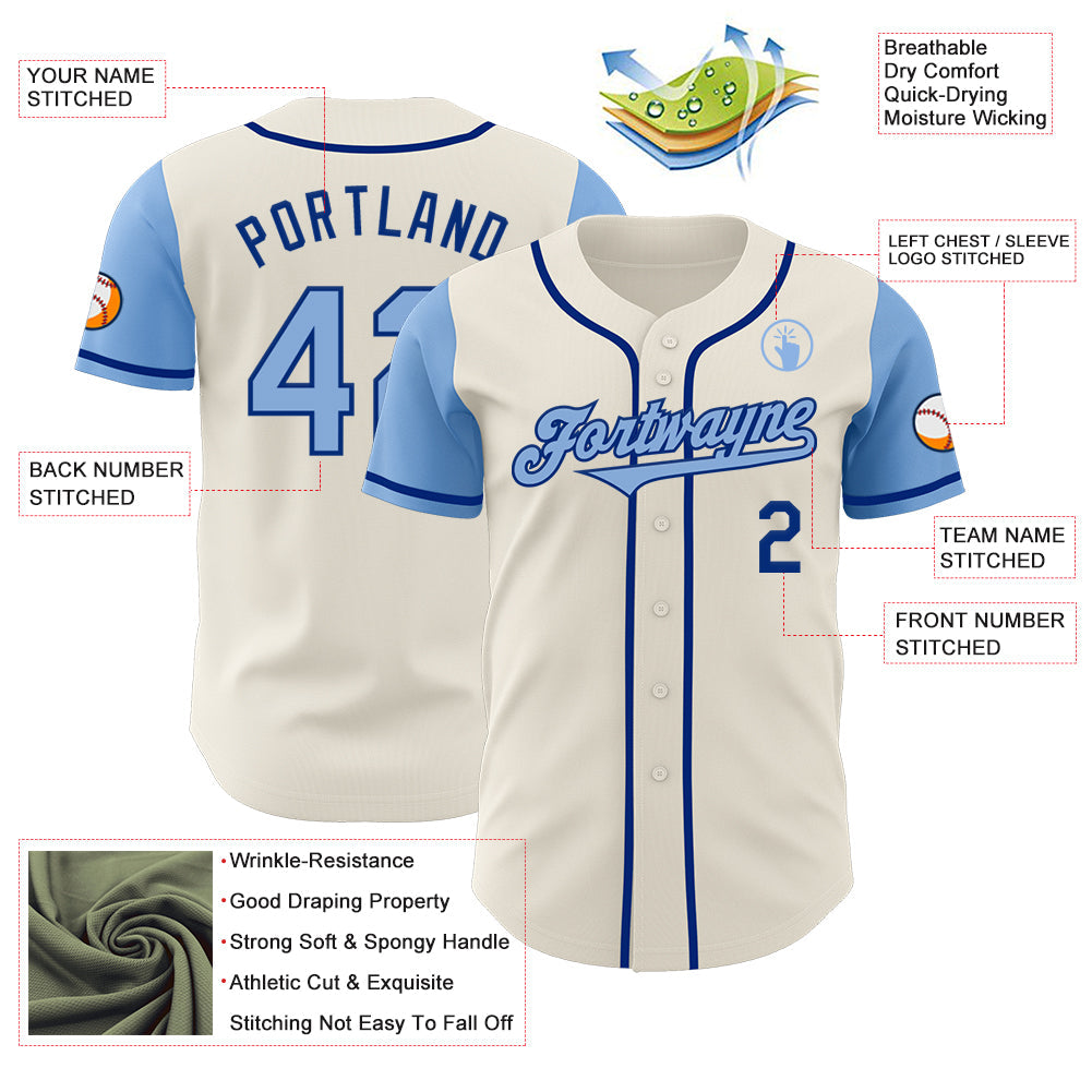Custom Cream Light Blue-Royal Authentic Two Tone Baseball Jersey view 3