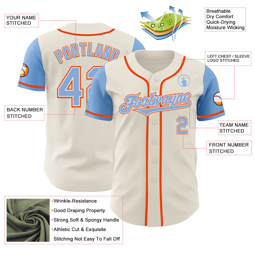 Custom Cream Light Blue White-Orange Authentic Two Tone Baseball Jersey view 3