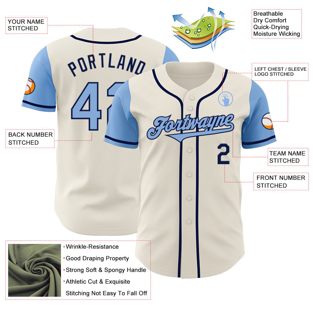 Custom Cream Light Blue-Navy Authentic Two Tone Baseball Jersey view 3