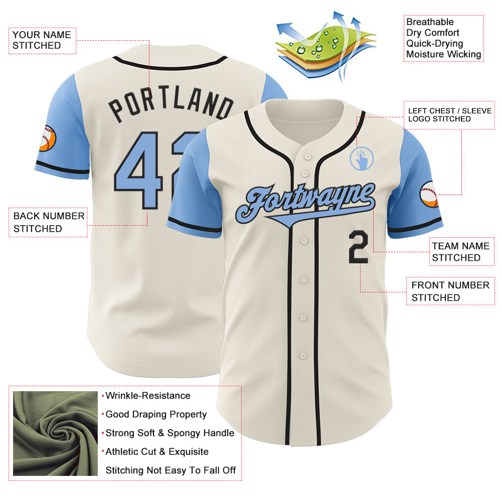 Custom Cream Light Blue-Black Authentic Two Tone Baseball Jersey view 3