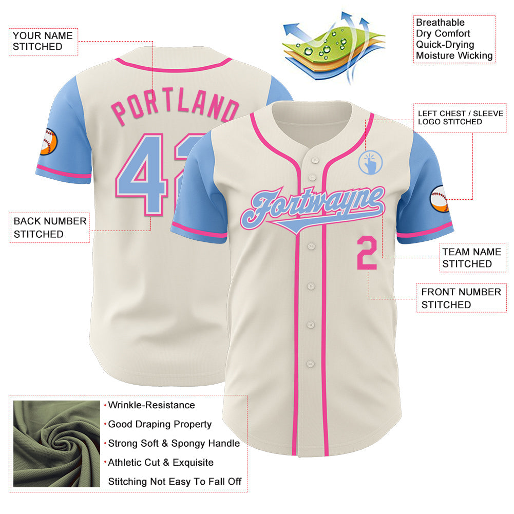 Custom Cream Light Blue White-Pink Authentic Two Tone Baseball Jersey view 3