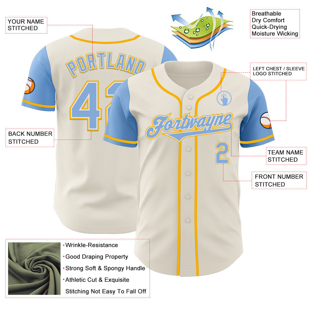 Custom Cream Light Blue White-Gold Authentic Two Tone Baseball Jersey view 3