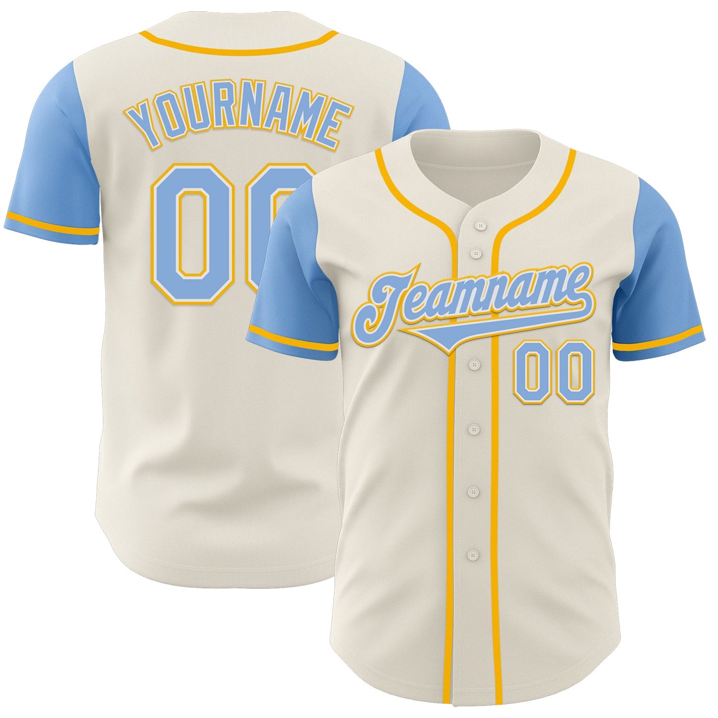 Custom Cream Light Blue White-Gold Authentic Two Tone Baseball Jersey - Main View