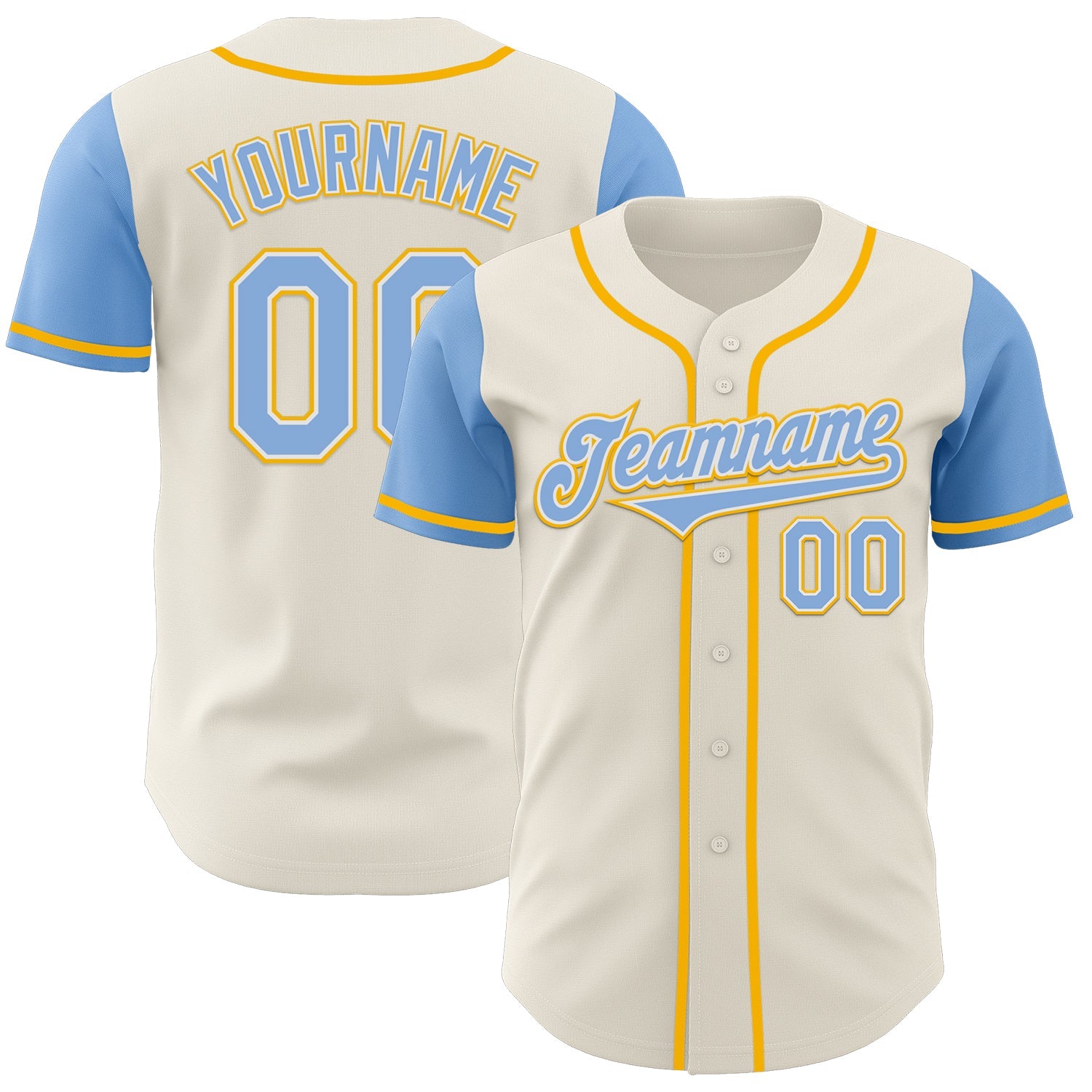 Custom Cream Light Blue White-Gold Authentic Two Tone Baseball Jersey - Main View