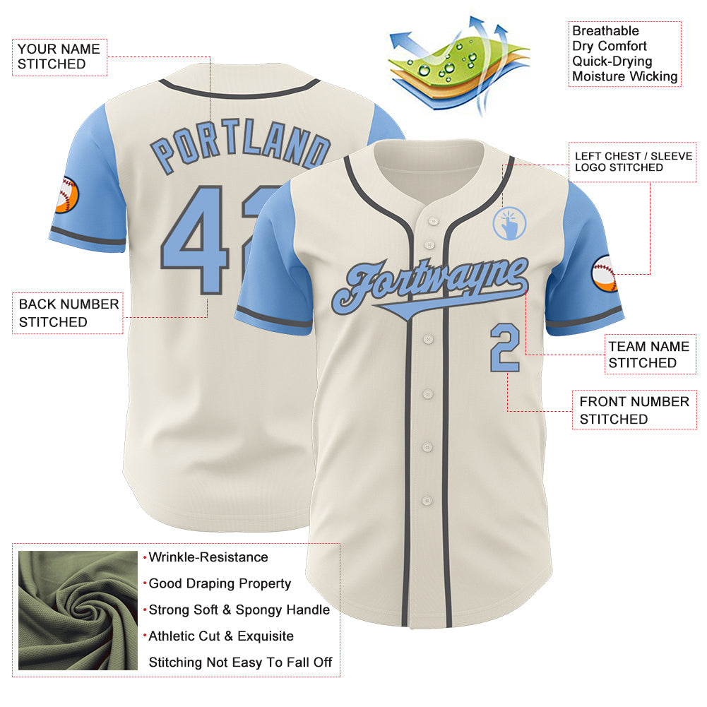 Custom Cream Light Blue-Steel Gray Authentic Two Tone Baseball Jersey view 3
