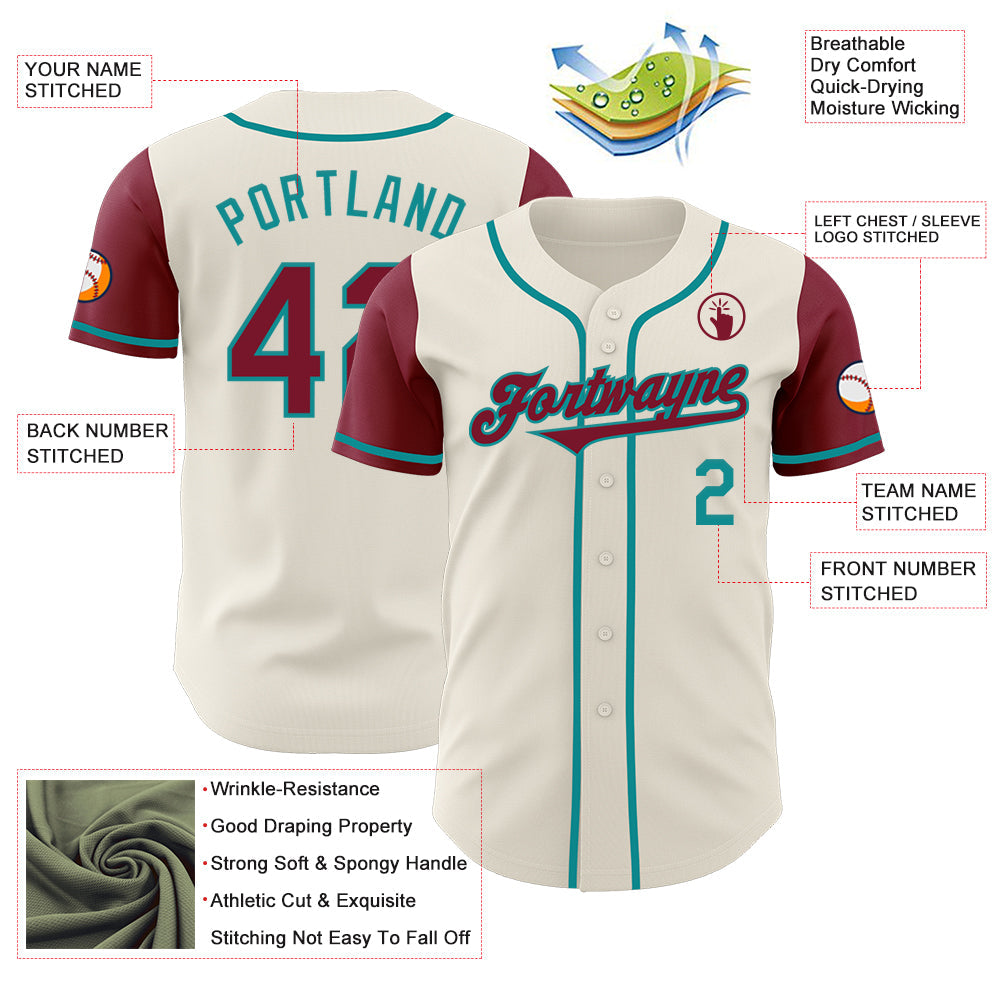 Custom Cream Crimson-Teal Authentic Two Tone Baseball Jersey view 3