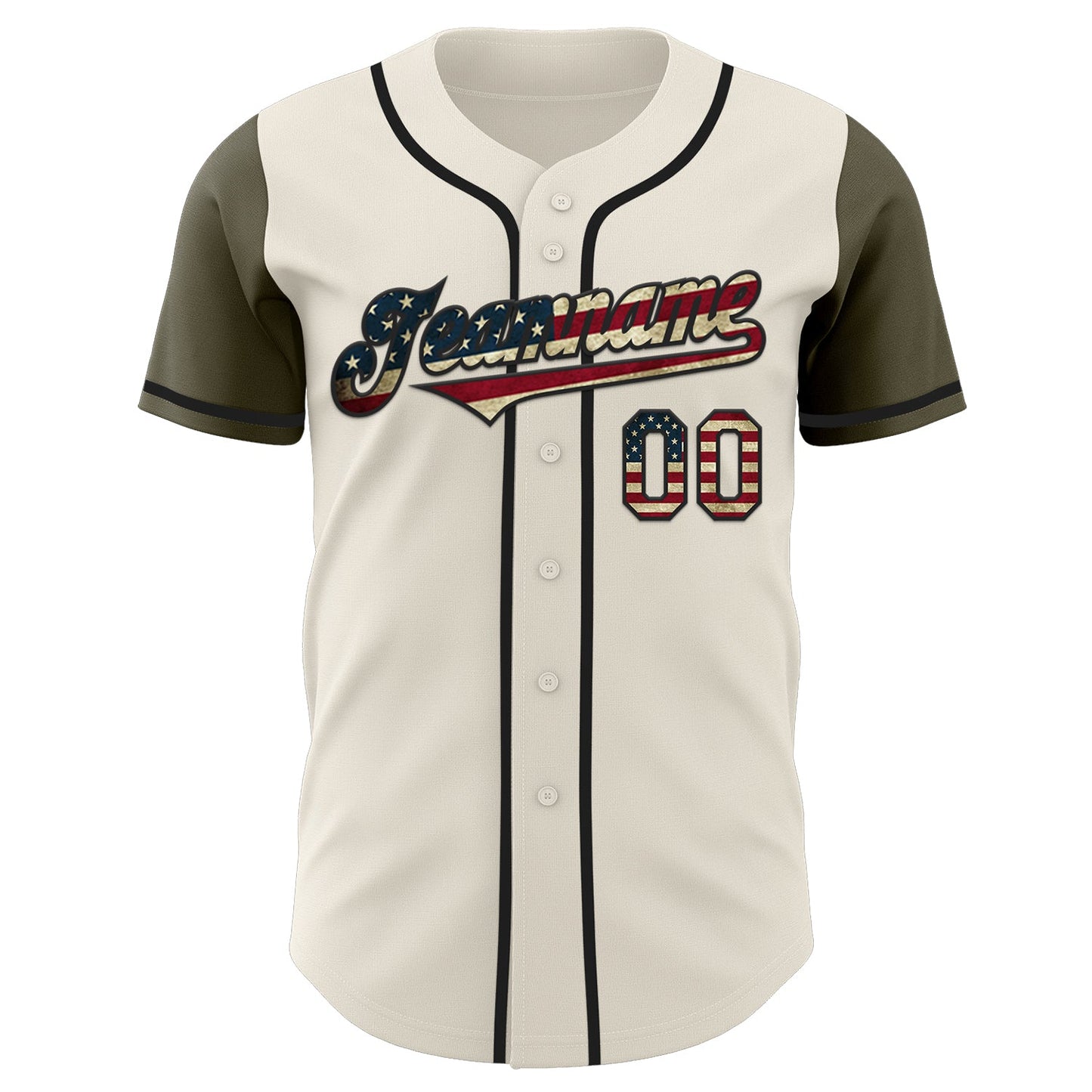 Custom Cream Vintage USA Flag Olive-Black Authentic Two Tone Baseball Jersey view 2