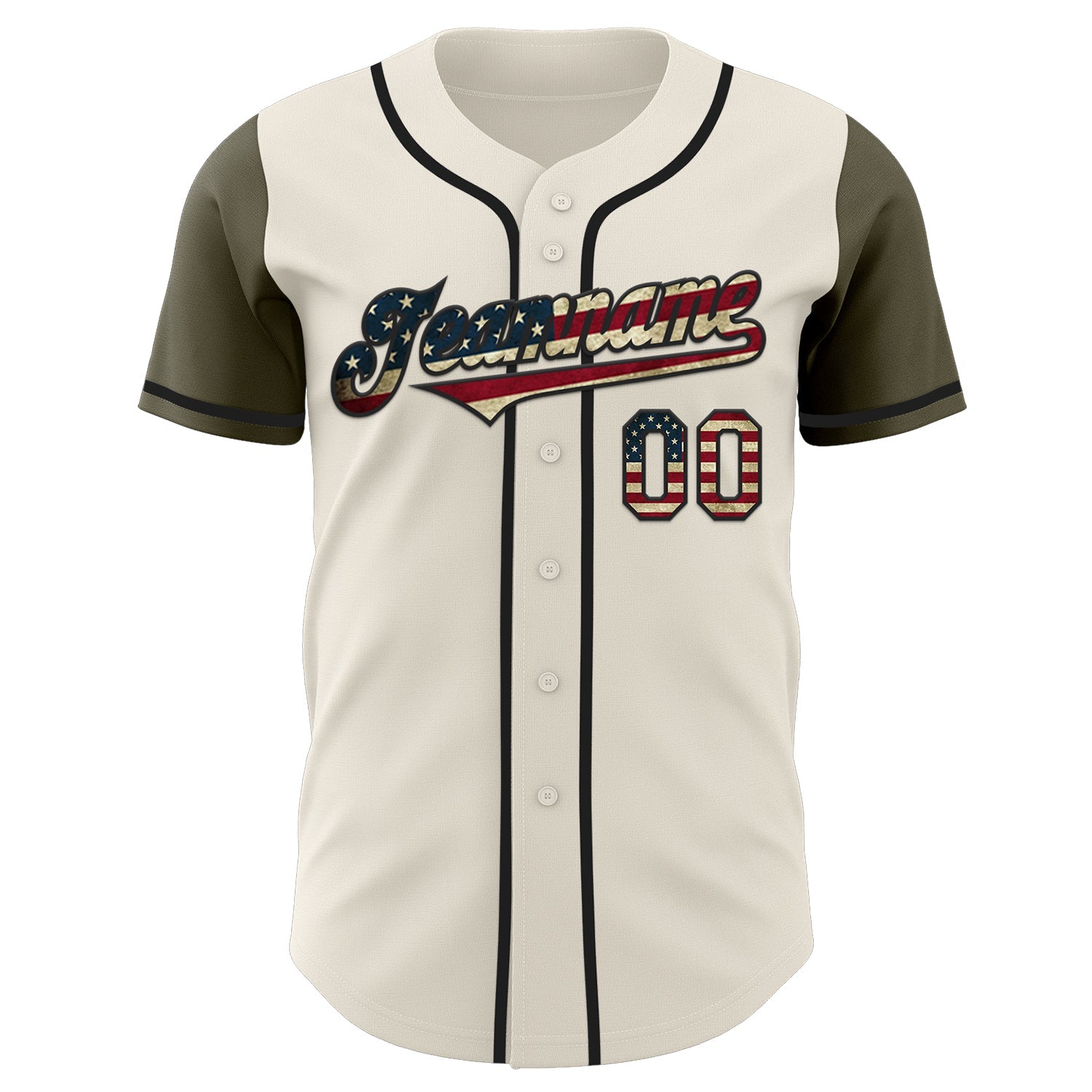 Custom Cream Vintage USA Flag Olive-Black Authentic Two Tone Baseball Jersey view 2