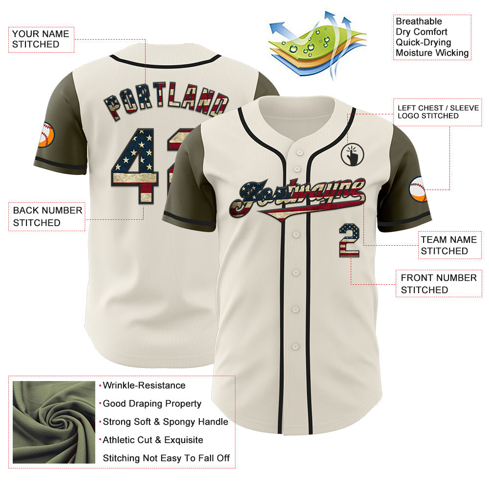 Custom Cream Vintage USA Flag Olive-Black Authentic Two Tone Baseball Jersey view 3