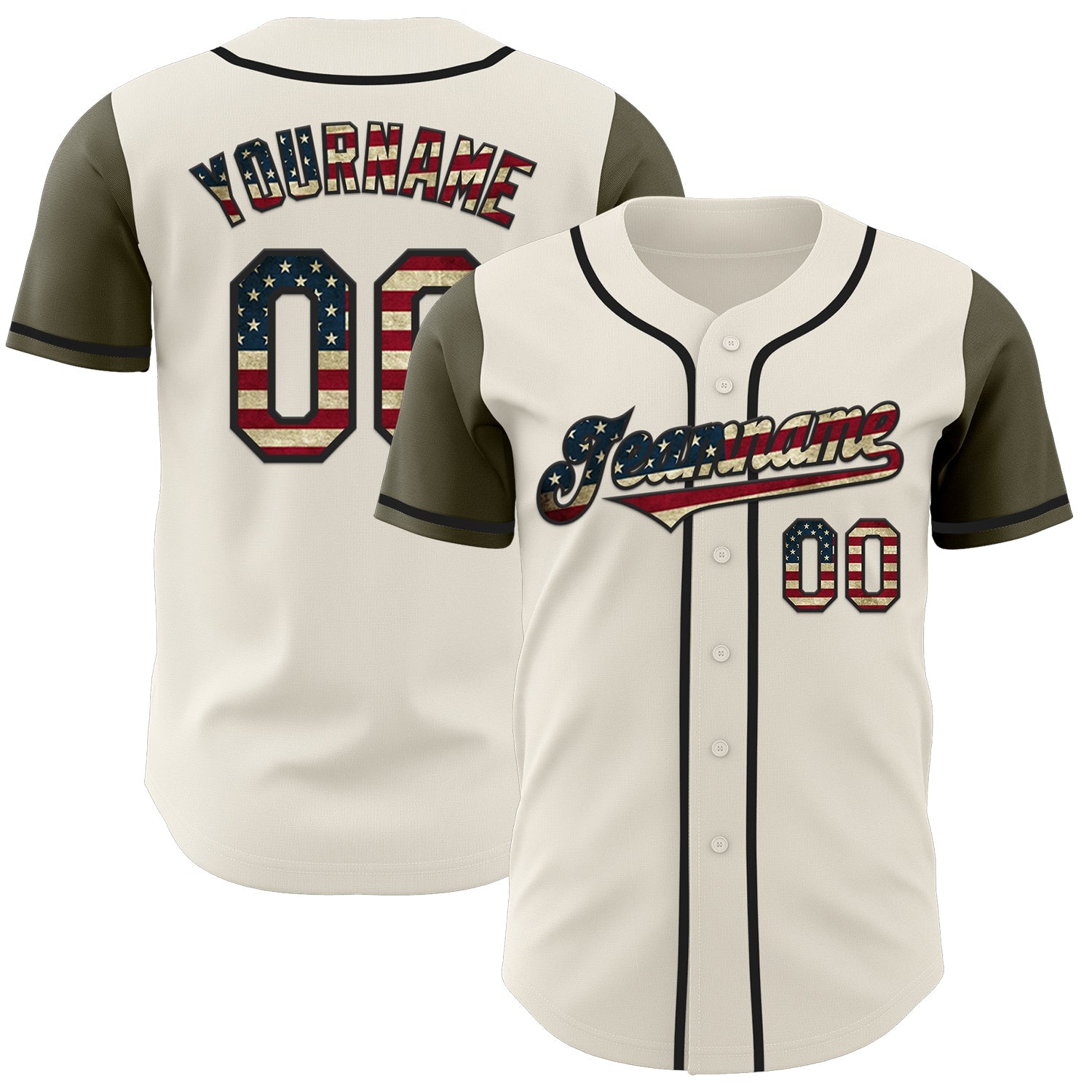 Custom Cream Vintage USA Flag Olive-Black Authentic Two Tone Baseball Jersey - Main View