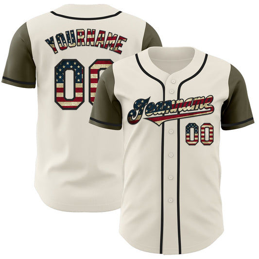 Custom Cream Vintage USA Flag Olive-Black Authentic Two Tone Baseball Jersey - Main View