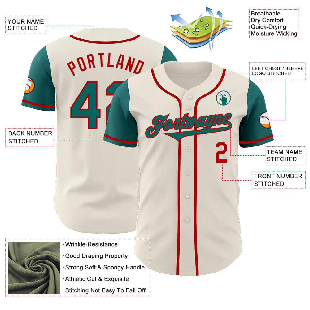Custom Cream Teal-Red Authentic Two Tone Baseball Jersey view 3