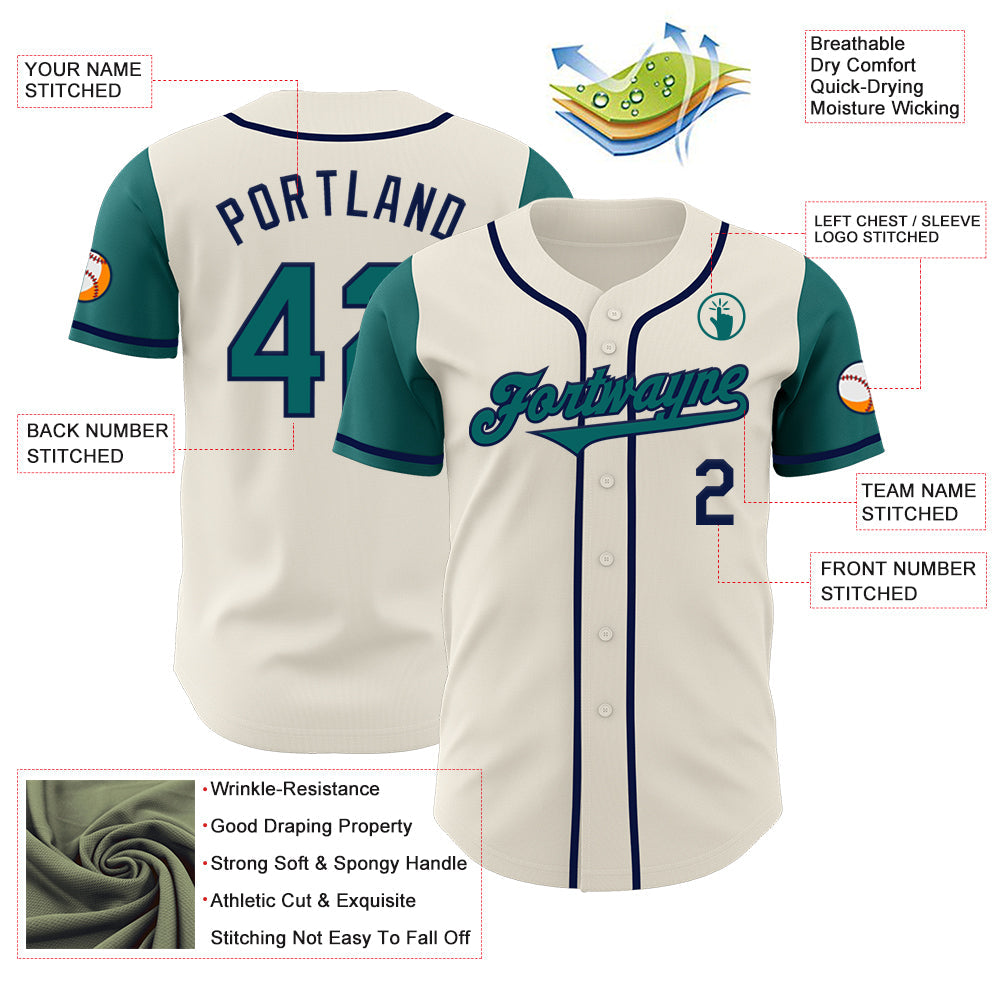 Custom Cream Teal-Navy Authentic Two Tone Baseball Jersey view 3