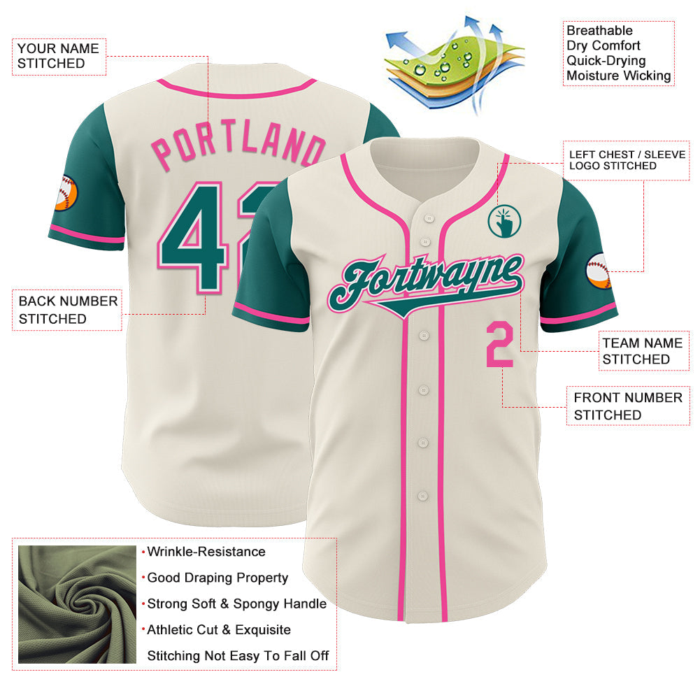 Custom Cream Teal White-Pink Authentic Two Tone Baseball Jersey view 3