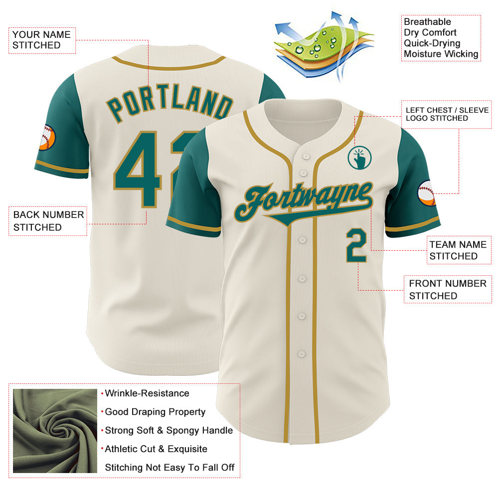 Custom Cream Teal-Old Gold Authentic Two Tone Baseball Jersey view 3