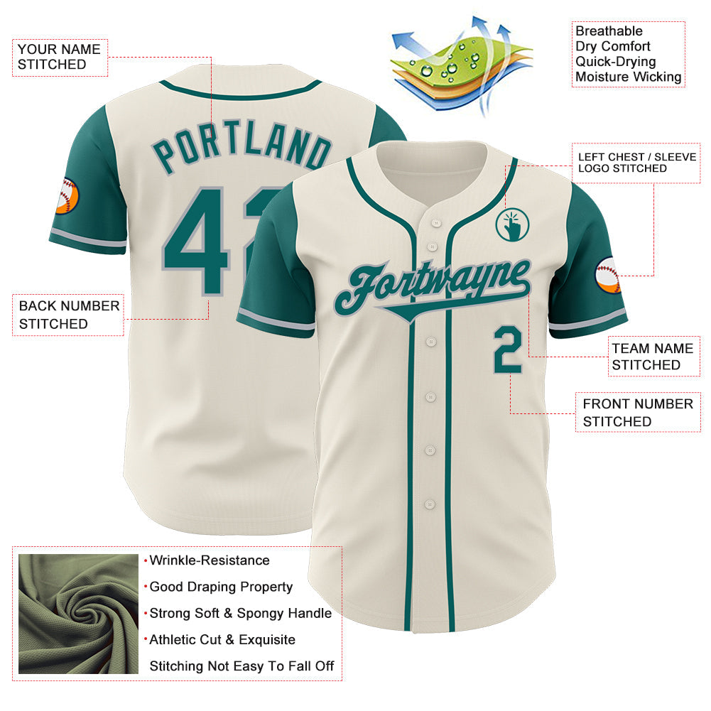 Custom Cream Teal-Gray Authentic Two Tone Baseball Jersey view 3