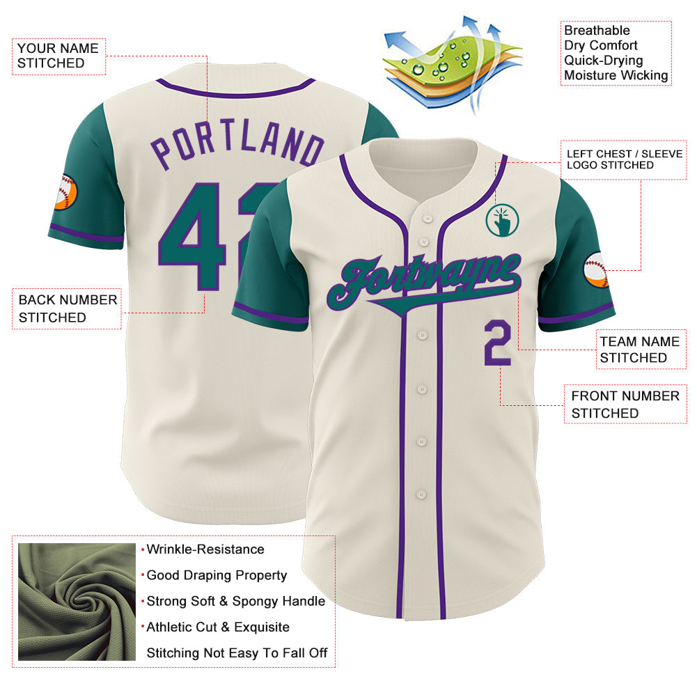 Custom Cream Teal-Purple Authentic Two Tone Baseball Jersey view 3