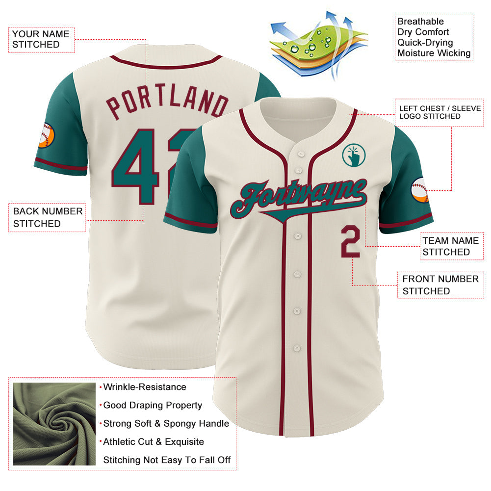 Custom Cream Teal-Crimson Authentic Two Tone Baseball Jersey view 3