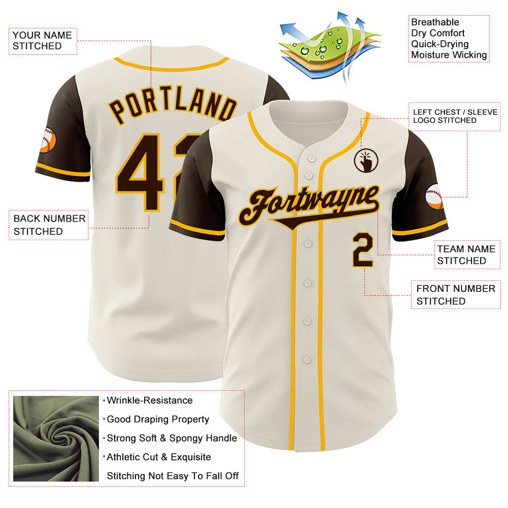 Custom Cream Brown-Gold Authentic Two Tone Baseball Jersey view 3