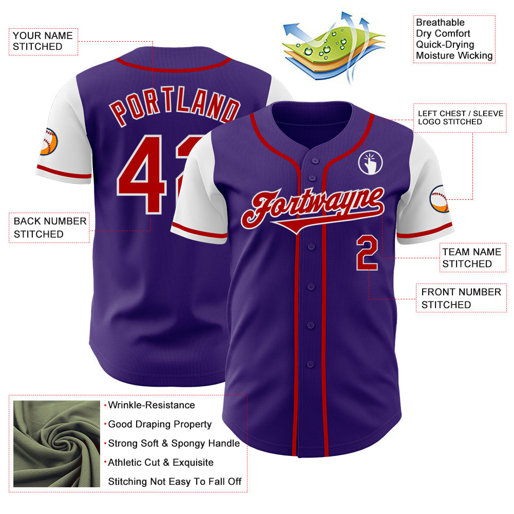 Custom Purple Red-White Authentic Two Tone Baseball Jersey view 3