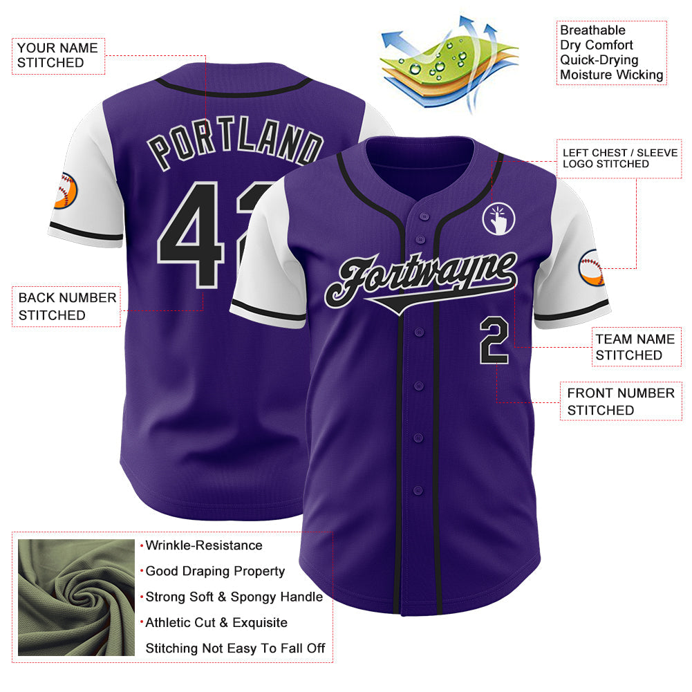 Custom Purple Black-White Authentic Two Tone Baseball Jersey view 3