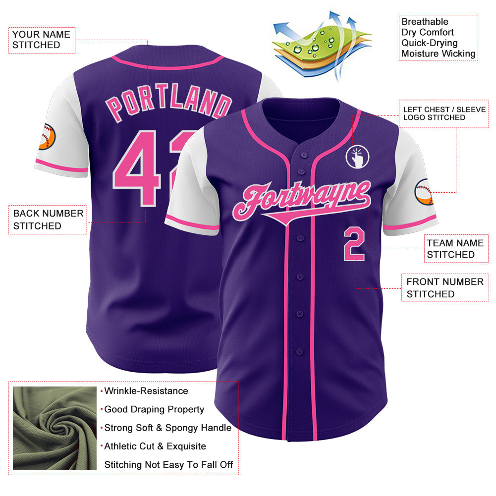 Custom Purple Pink-White Authentic Two Tone Baseball Jersey view 3