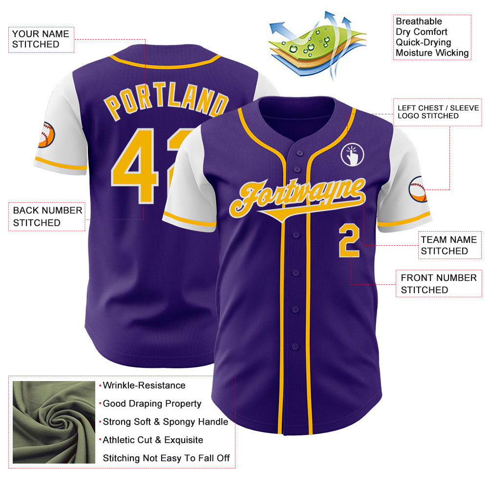 Custom Purple Gold-White Authentic Two Tone Baseball Jersey view 3