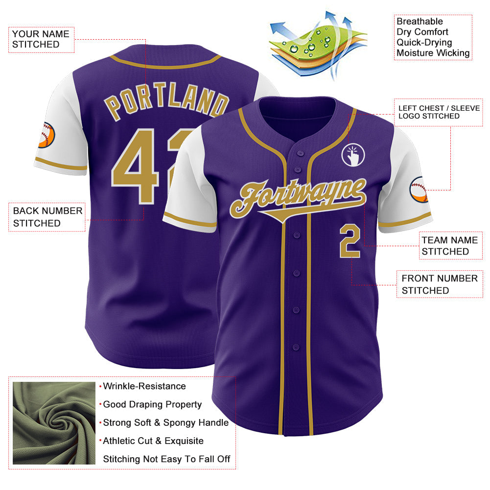 Custom Purple Old Gold-White Authentic Two Tone Baseball Jersey view 3