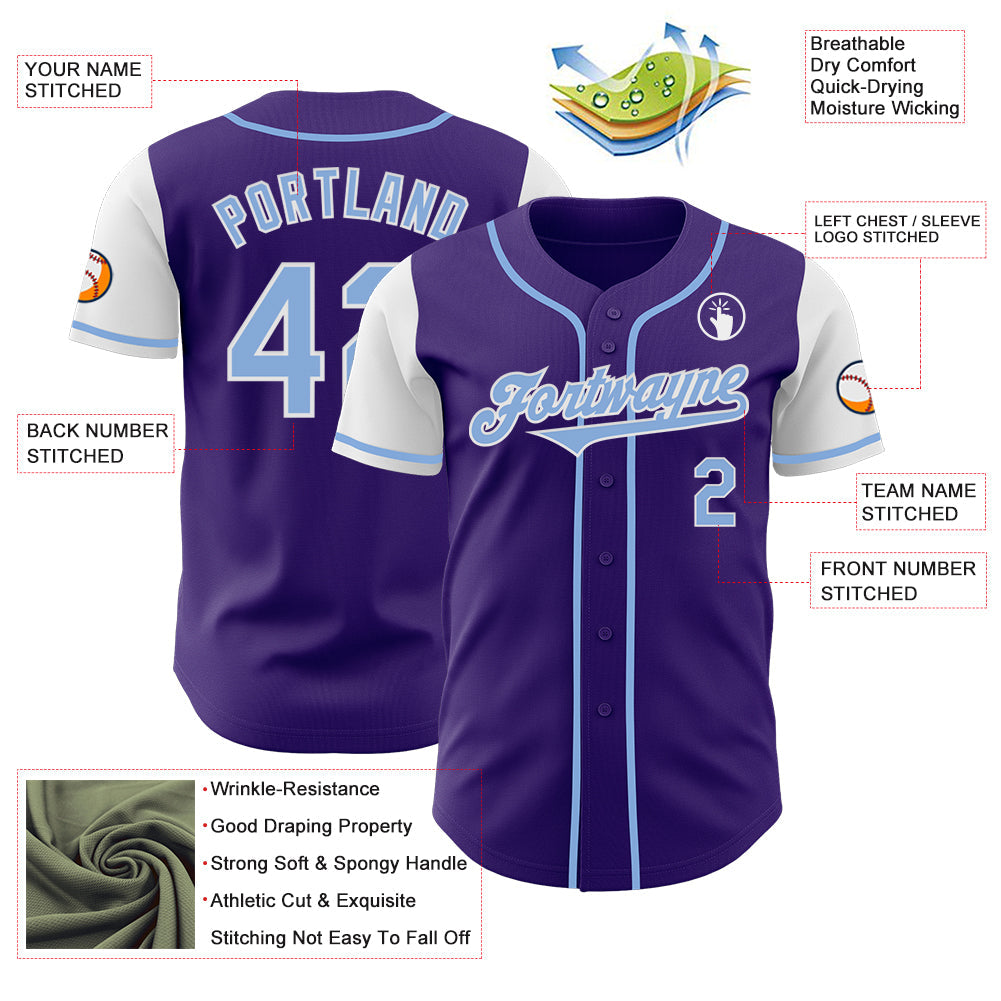 Custom Purple Light Blue-White Authentic Two Tone Baseball Jersey view 3