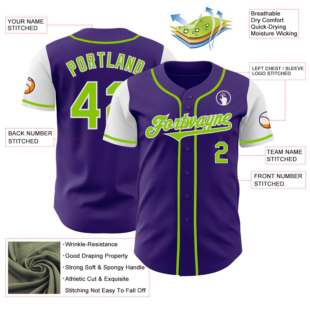 Custom Purple Neon Green-White Authentic Two Tone Baseball Jersey view 3
