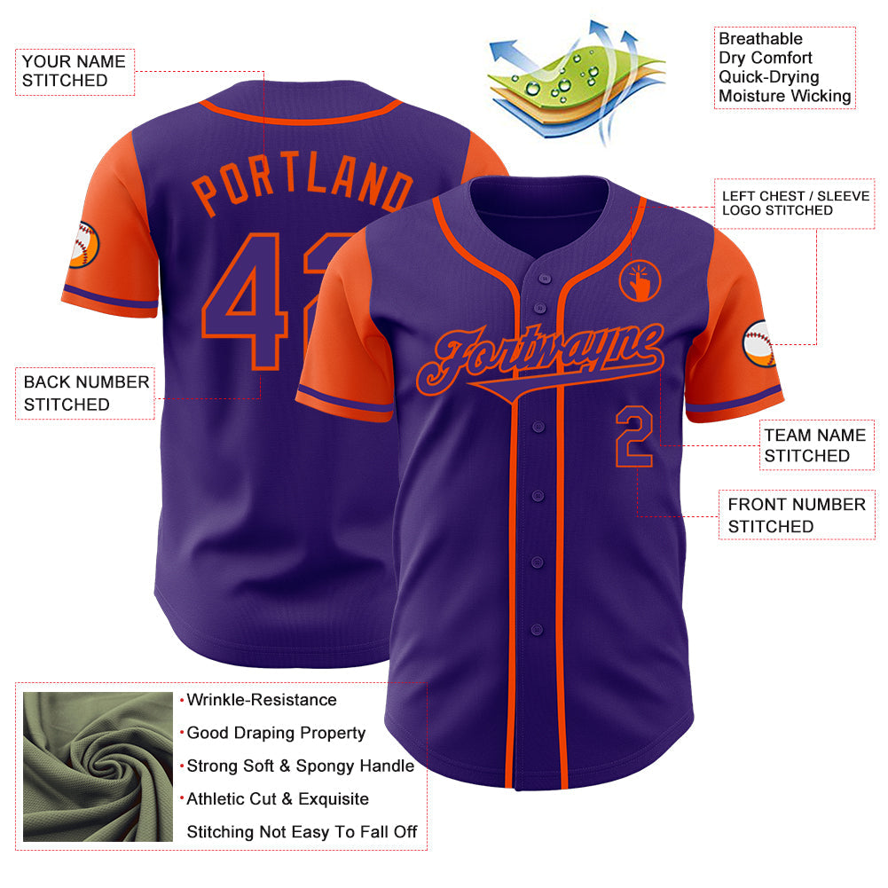 Custom Purple Orange Authentic Two Tone Baseball Jersey view 3