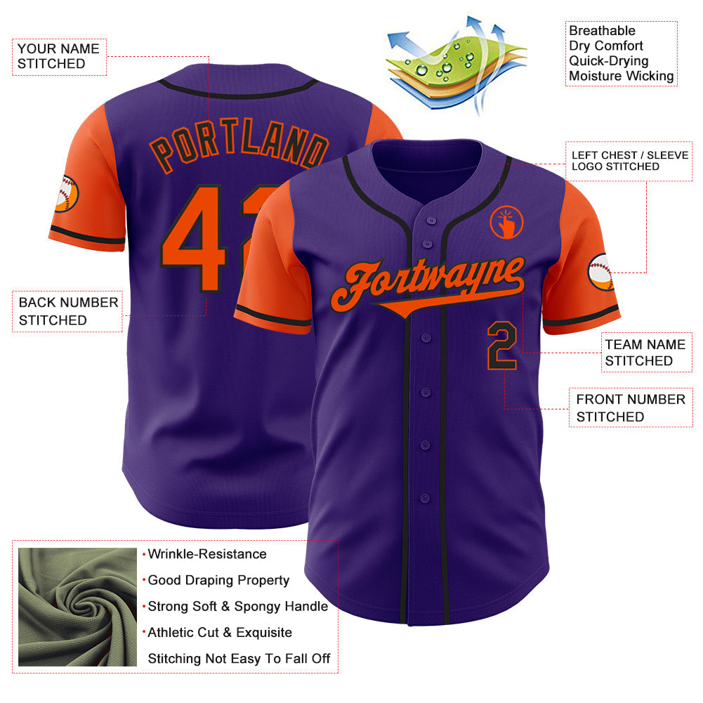 Custom Purple Orange-Black Authentic Two Tone Baseball Jersey view 3