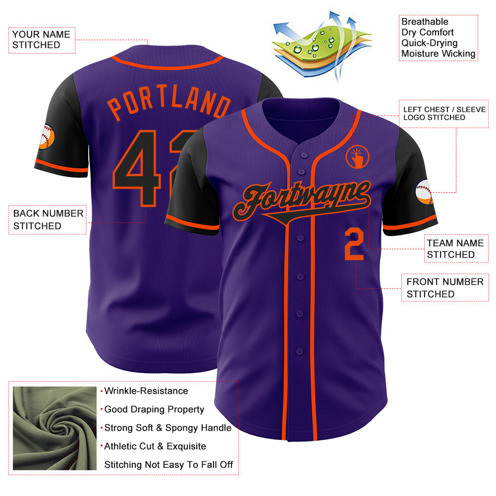Custom Purple Black-Orange Authentic Two Tone Baseball Jersey view 3