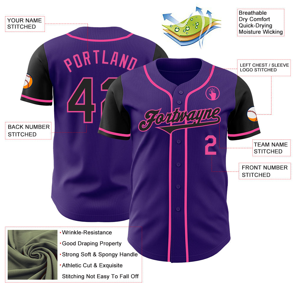 Custom Purple Black-Pink Authentic Two Tone Baseball Jersey view 3