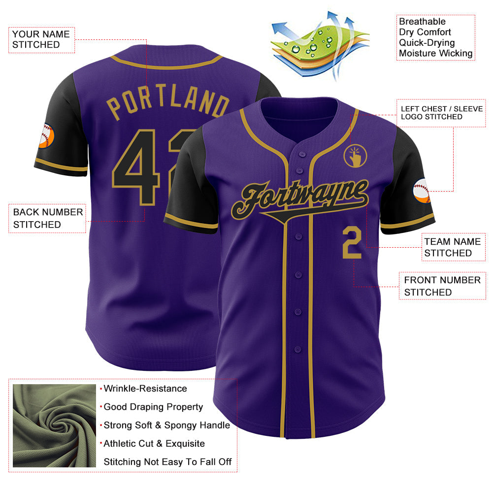 Custom Purple Black-Old Gold Authentic Two Tone Baseball Jersey view 3