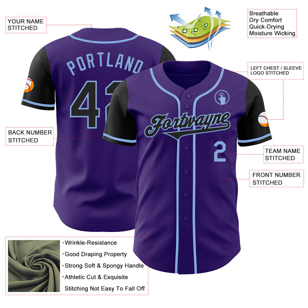 Custom Purple Black-Light Blue Authentic Two Tone Baseball Jersey view 3
