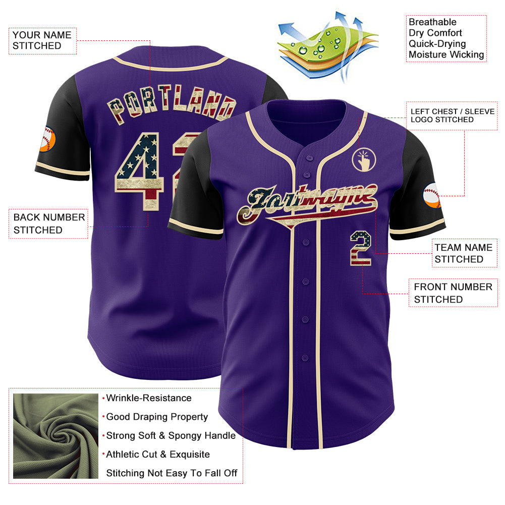 Custom Purple Vintage USA Flag Black-Cream Authentic Two Tone Baseball Jersey view 3