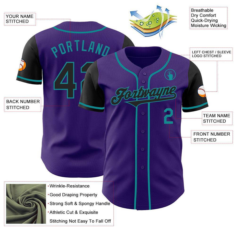 Custom Purple Black-Teal Authentic Two Tone Baseball Jersey view 3