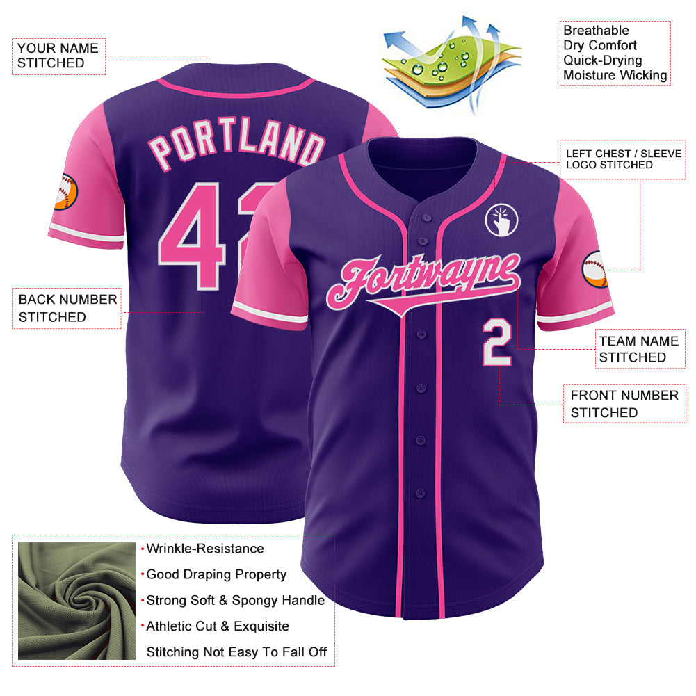 Custom Purple Pink-White Authentic Two Tone Baseball Jersey view 3