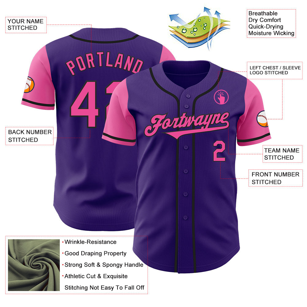 Custom Purple Pink-Black Authentic Two Tone Baseball Jersey view 3