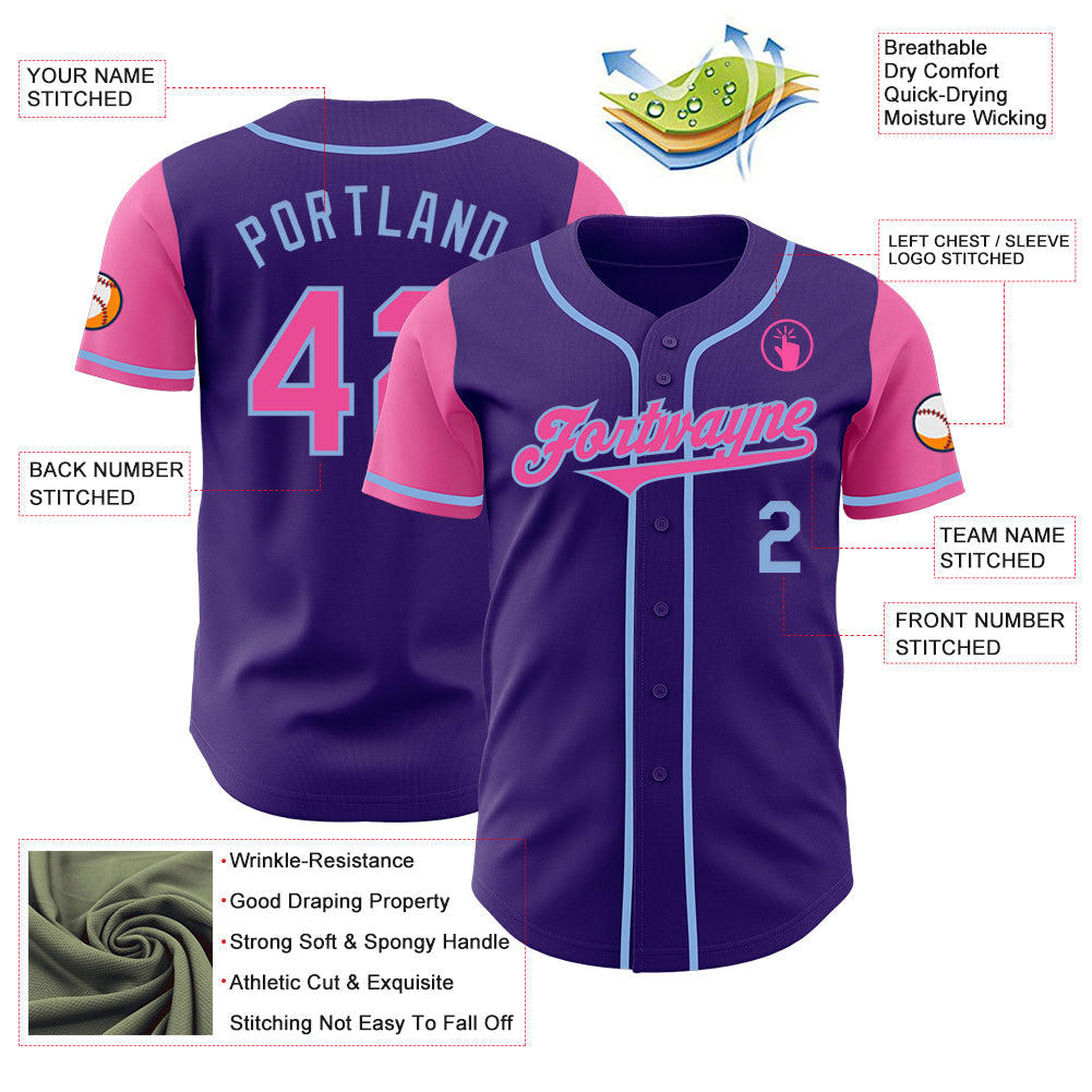 Custom Purple Pink-Light Blue Authentic Two Tone Baseball Jersey view 3